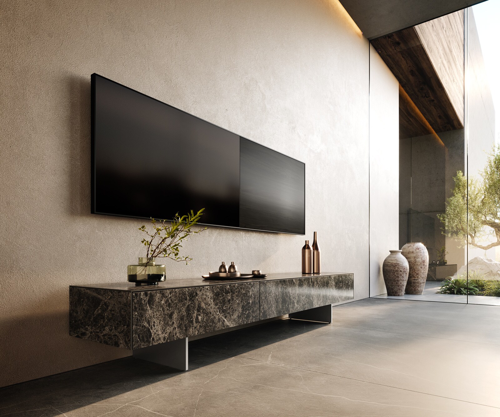 Meuble-TV Cuor 200 cm Céramique Emperador Extra Lucidato brun foncé 1 Clapet 1 Tiroir Pied optique flottant Ancier inoxydable