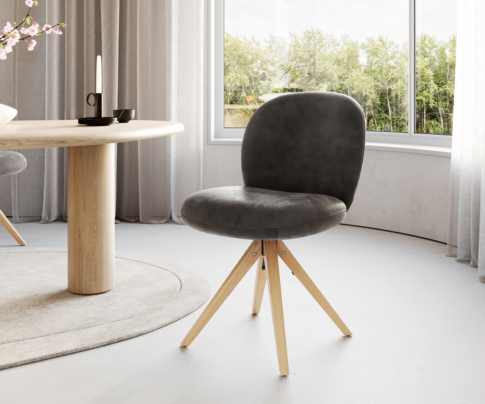 Chaise-pivotante Nube-Flex microvelours anthracite vintage pied en bois angulaire naturel pivotement sur 180° ressorts ensachés