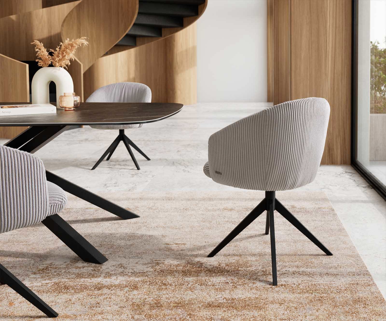 Chaise-pivotante Caja-Flex avec accoudoirs côtelé gris argenté pied croisé large noir pivotement sur 360° ressorts ensachés 4 Chaise-pivotante Caja-Flex avec accoudoirs côtelé gris argenté pied croisé large noir pivotement sur 360° ressorts ensachés 4