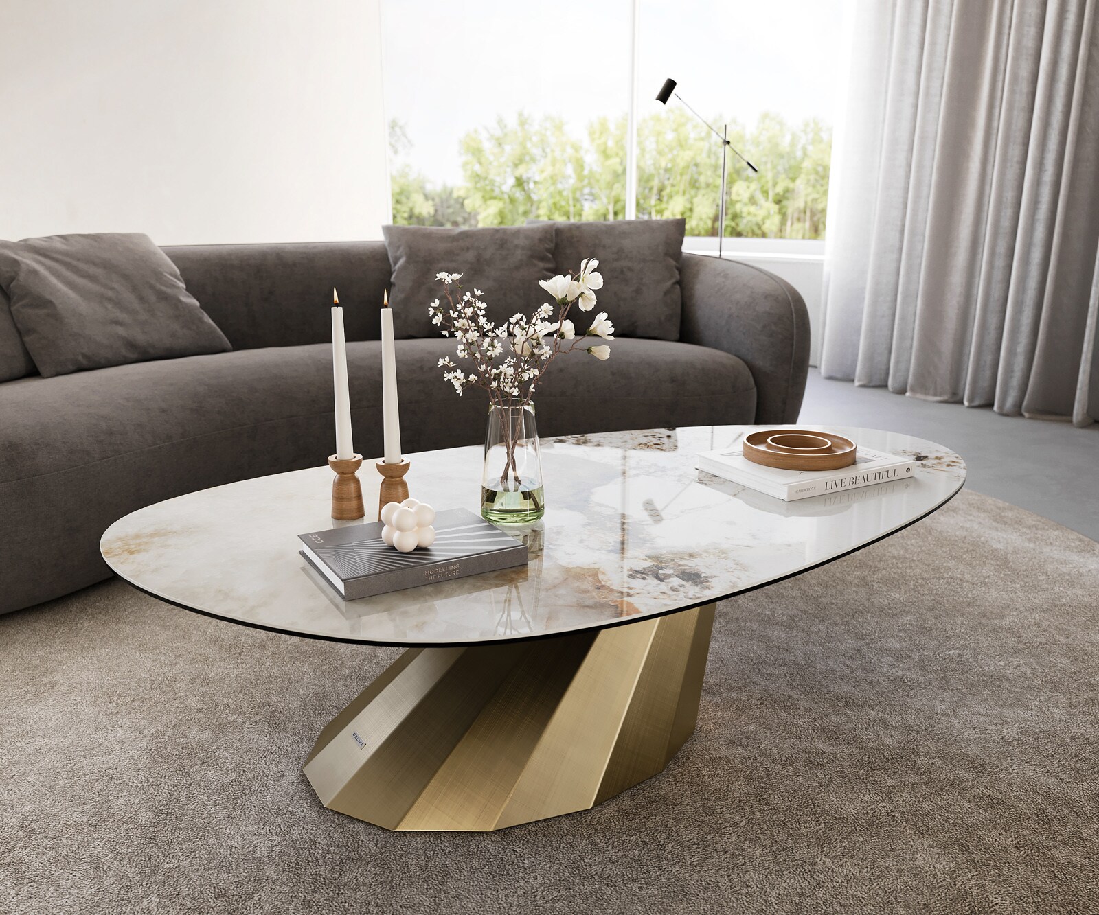 Table basse Edge Oval 140x75 cm céramique Minas Melange Parabi doré métallique 1