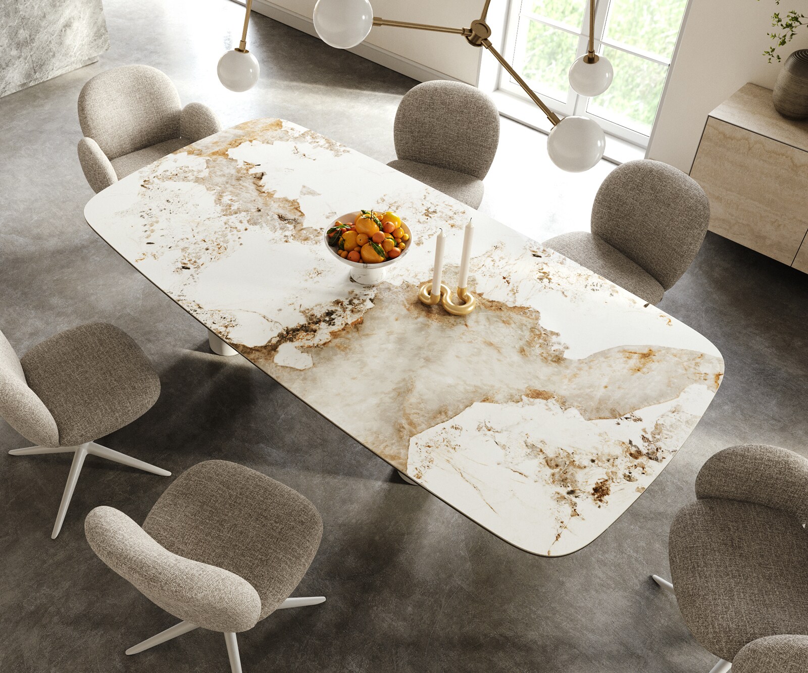 Table à manger Edge Boot 240x120 cm Céramique Minas Melange Blanc-Beige Pilier Métal Blanc 4