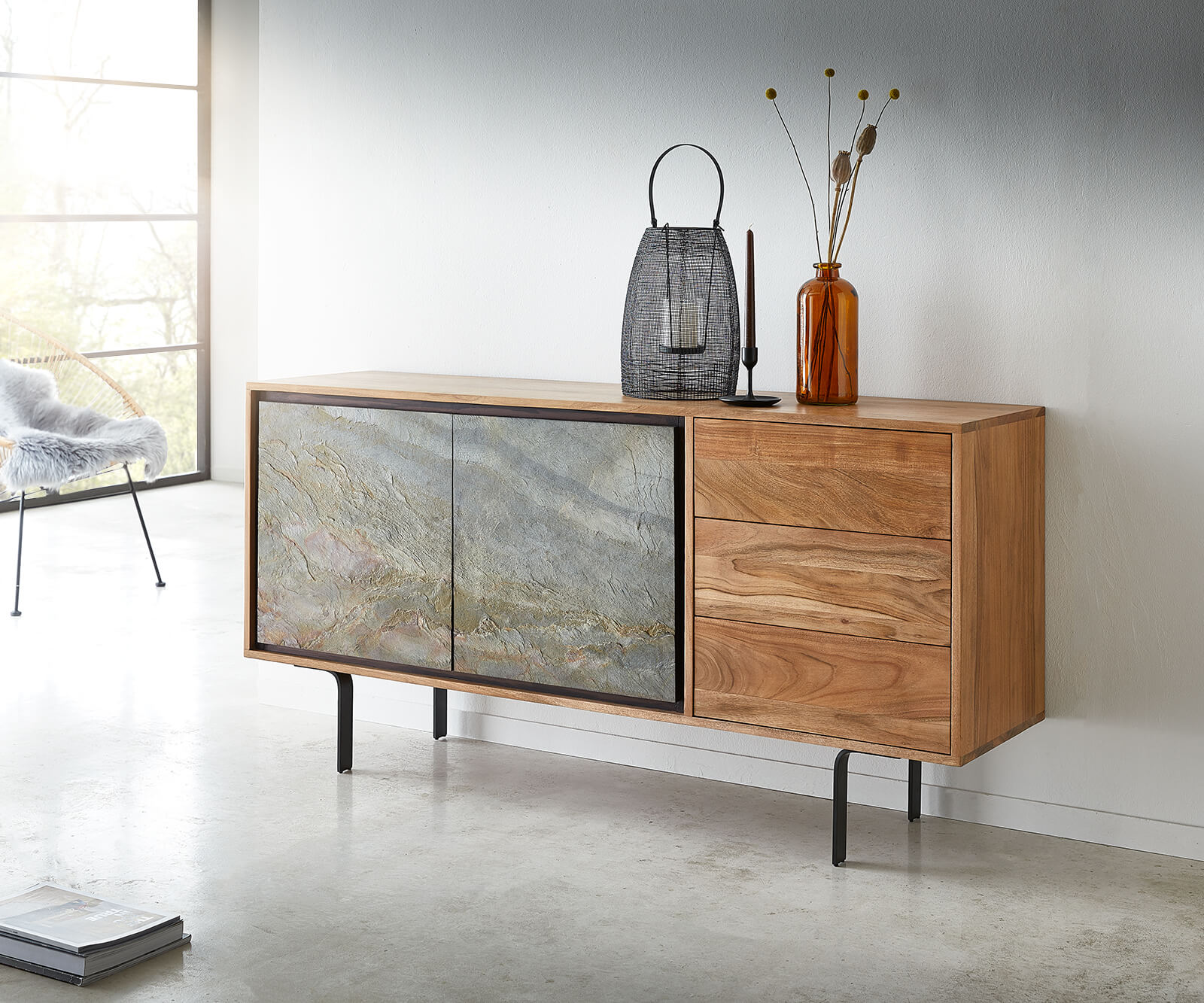 Buffet Juwelo 150 cm acacia nature avec placage de pierre  1