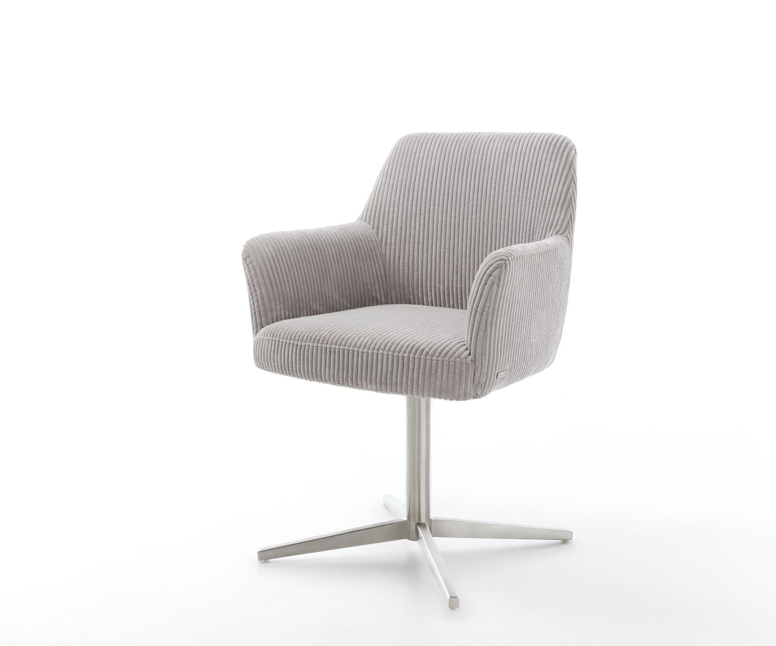 Chaise-pivotante Xana-Flex avec accoudoirs côtelé gris argenté pied de chaise 4 branches acier inoxydable brossé pivotement sur 360° ressorts ensachés