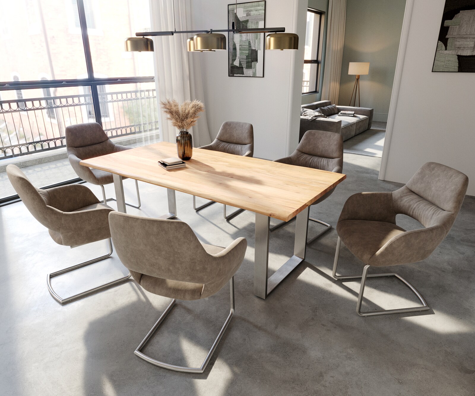 Cantilever Yago-Flex avec accoudoirs microvelours taupe vintage pied cantilever rond acier inoxydable brossé ressorts ensachés 4