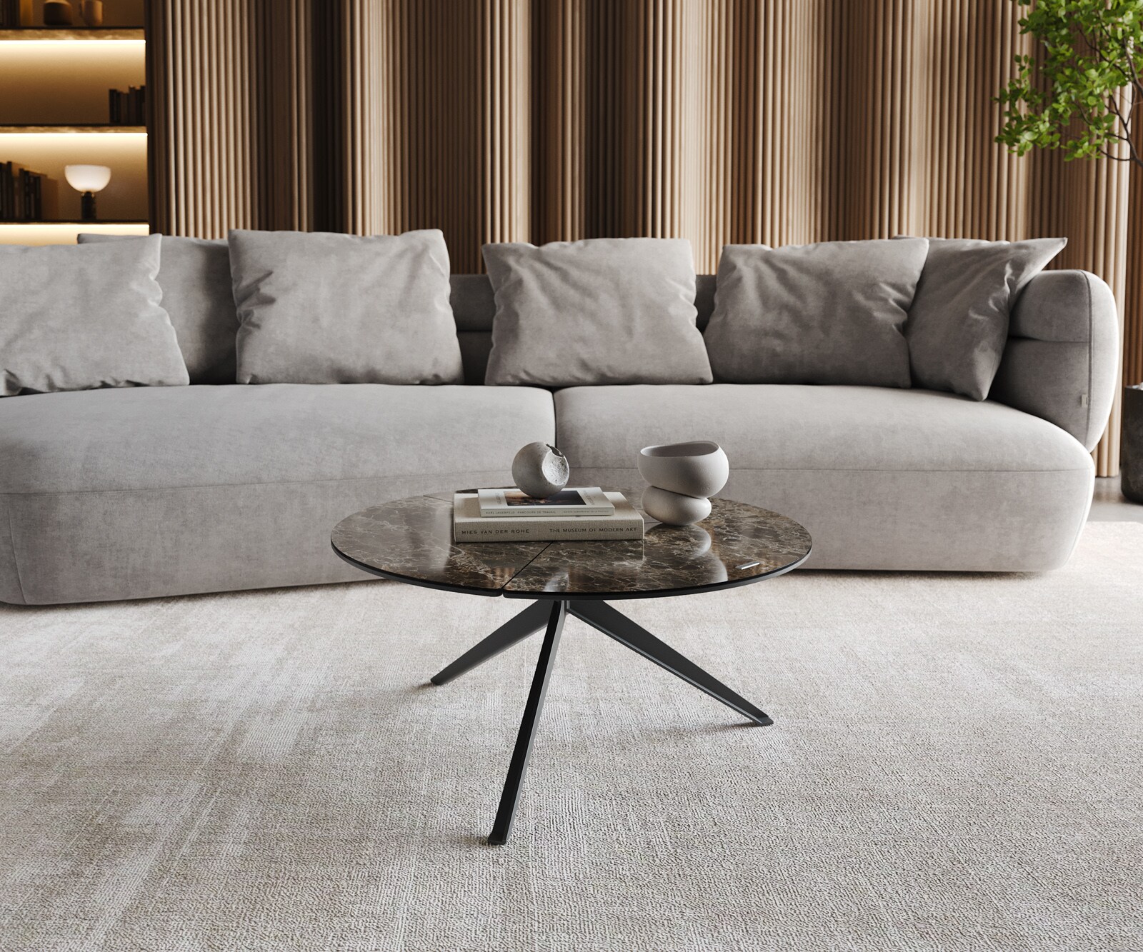 Table-basse Delron 70x70 cm Céramique Emperador Extra Lucidato Marron foncé Pied croisé plat Métal Noir 1