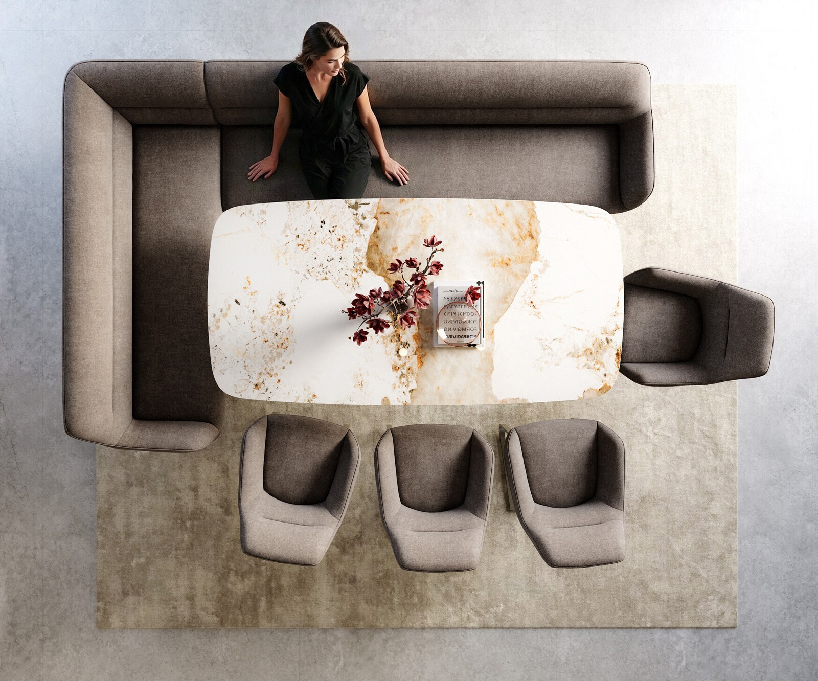 Banc-de-salle-à-manger Taya-Flex 285x190 cm tissu structuré doux taupe châssis à patins plat titane ressort ensaché à droite 6