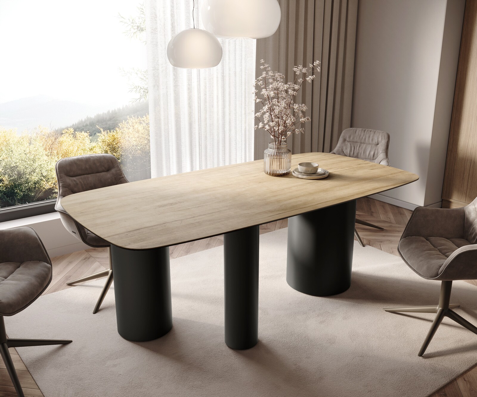Table à manger Edge Boot 200x100 céramique Laminam® Sabbia chêne coloré Troa métal noir