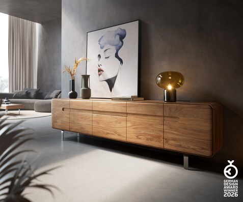 Meuble-TV Anaya 220 cm acacia naturel 4 portes 2 tiroirs pied en L inoxydable