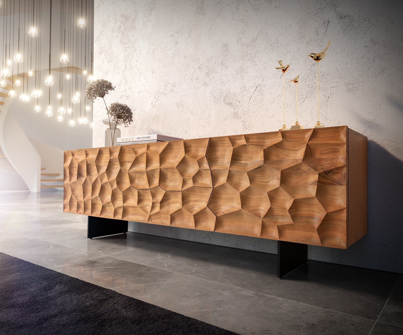 Meuble-TV Solu 175 cm acacia naturel 2 portes 2 tiroirs pied flottant métal noir façade 3D Meuble-TV Solu 175 cm acacia naturel 2 portes 2 tiroirs pied flottant métal noir façade 3D