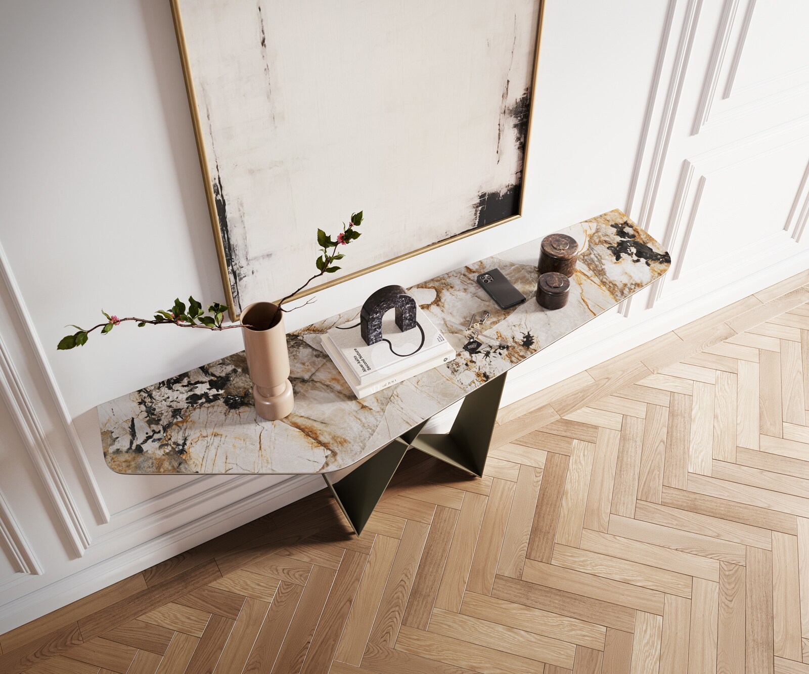Console Edge Polygonal 180x50 cm Céramique Patagonia Poliert Spios Métal Effektfinish Titan 2