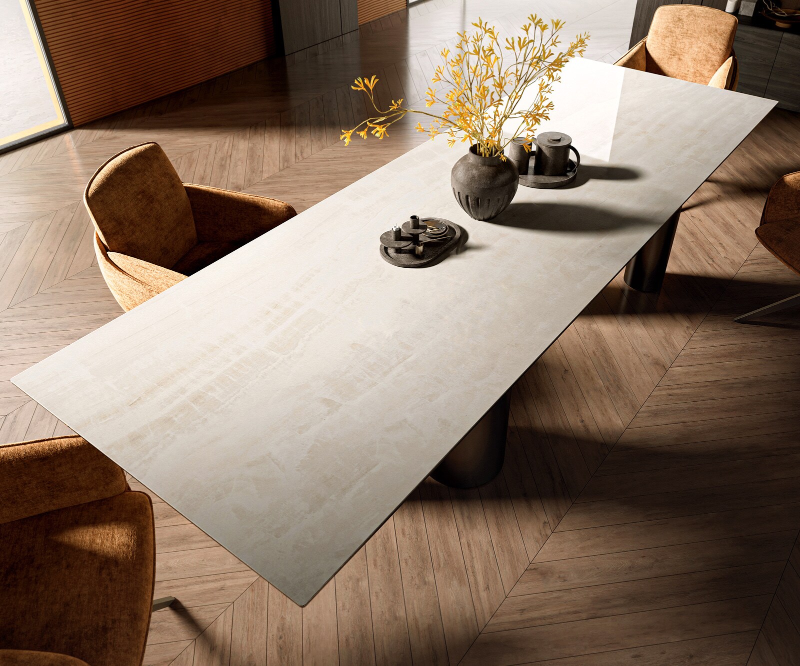 Table à manger Edge 300x100 cm céramique Onyx Champagne Pilier inox graphite 3