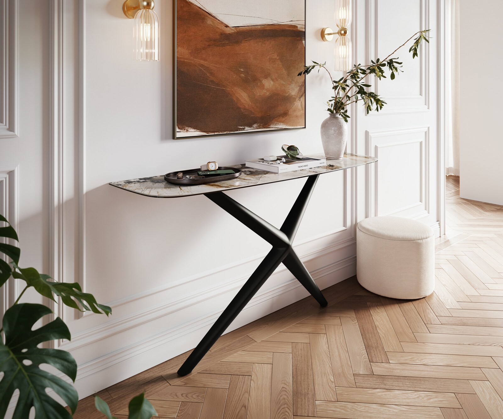 Console Edge forme bateau 140x40 cm Céramique Patagonia Poliert Estelo Métal Noir 1