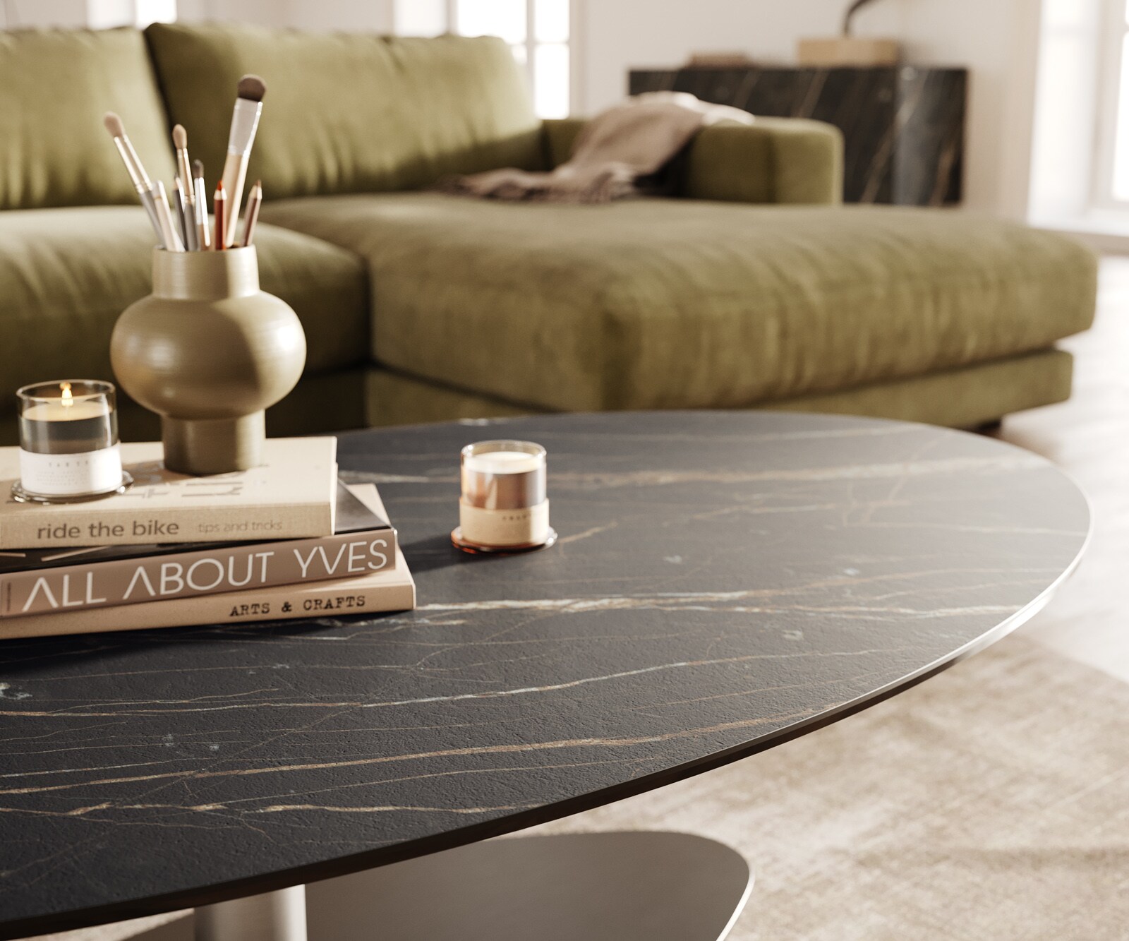 Table basse Edge Oval 140x80 cm céramique Laminam® Noir Desir brun Vibany acier inoxydable brossé 6