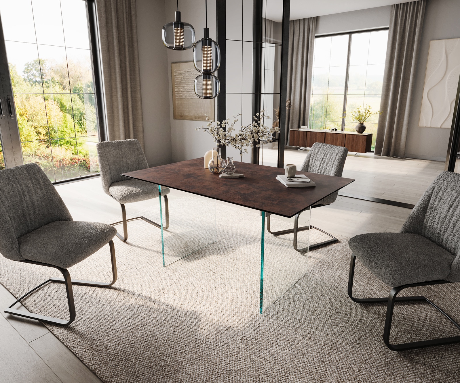 Table de salle à manger Edge 140x90 verre antique-brun piétement verre 5