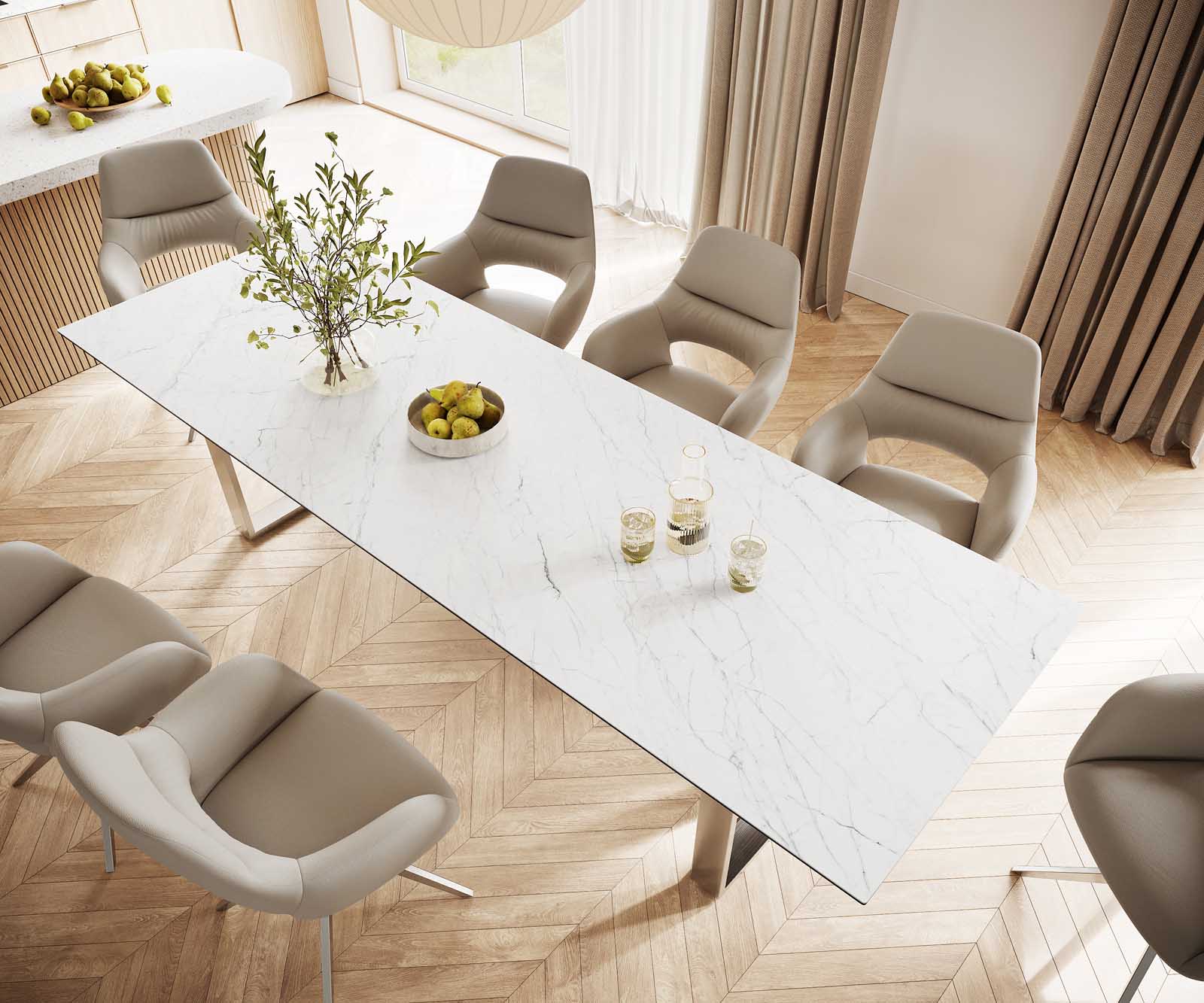 Table-à-manger Edge 300x100 céramique Laminam® statuarietto blanc inox étroit 3