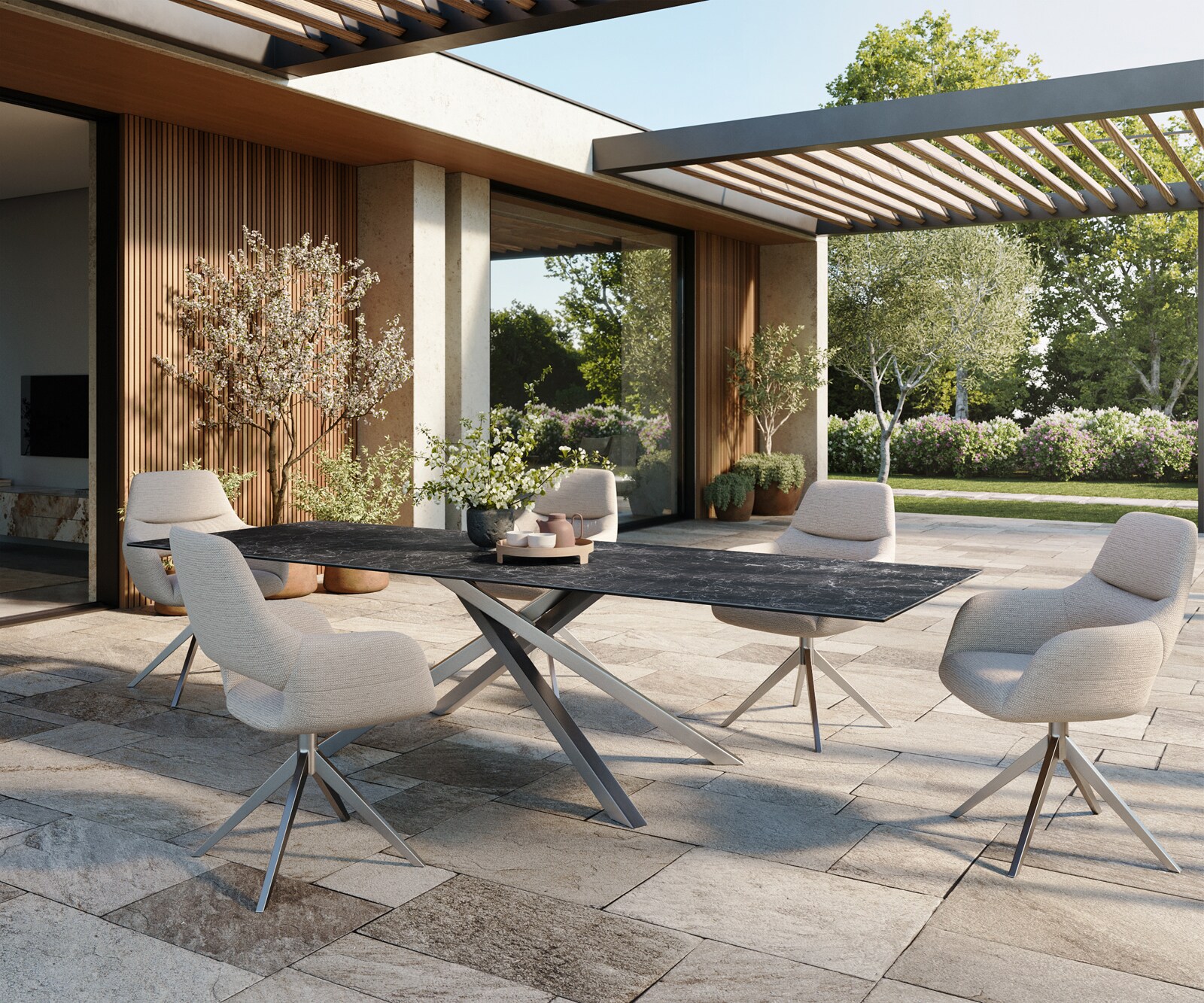 Table d’extérieur Edge 300x100 cm céramique Laminam® Nero Greco anthracite piètement croisé rectangulaire en acier inoxydable 5
