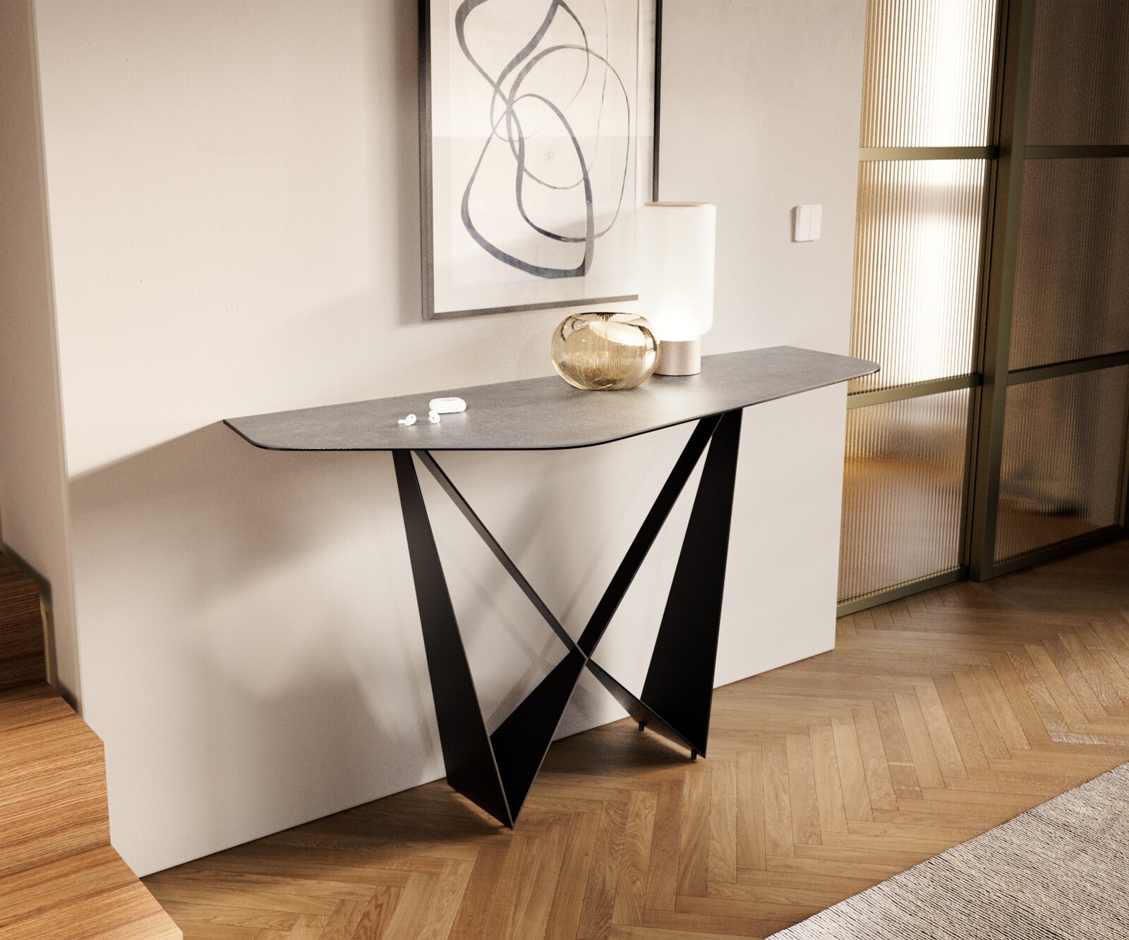 Console Edge Polygonal 140x50 cm Céramique Gris béton Livos Métal Noir 4
