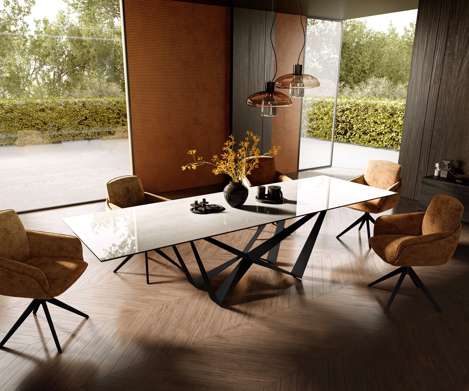 Table à manger Edge 300x100 cm céramique Onyx Champagne Spider acier plat noir 6