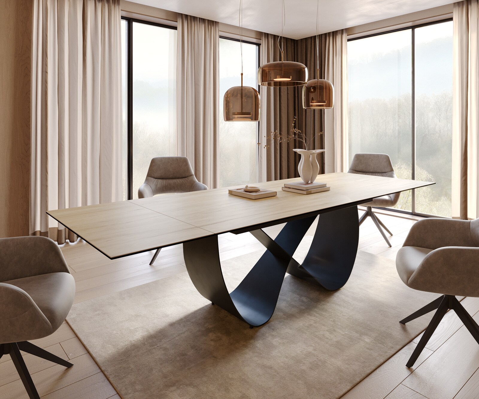 Table à manger Edge 200-300x100 cm Céramique Laminam® Sabbia couleur chêne Infinity Métal Noir extensible