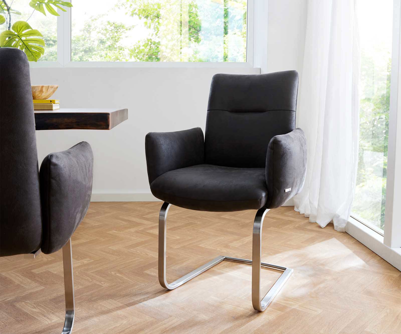 Cantilever Jova-Flex avec accoudoirs microvelours anthracite vintage pied cantilever plat acier inoxydable brossé ressorts ensachés