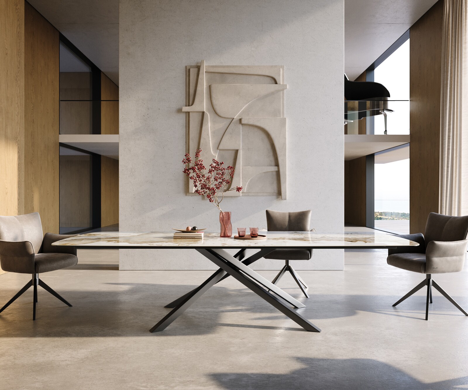 Table à manger Edge Boot 300x120 cm Céramique Minas Melange Blanc-Beige piètement en croix Rectangle Acier inoxydable Graphite 2