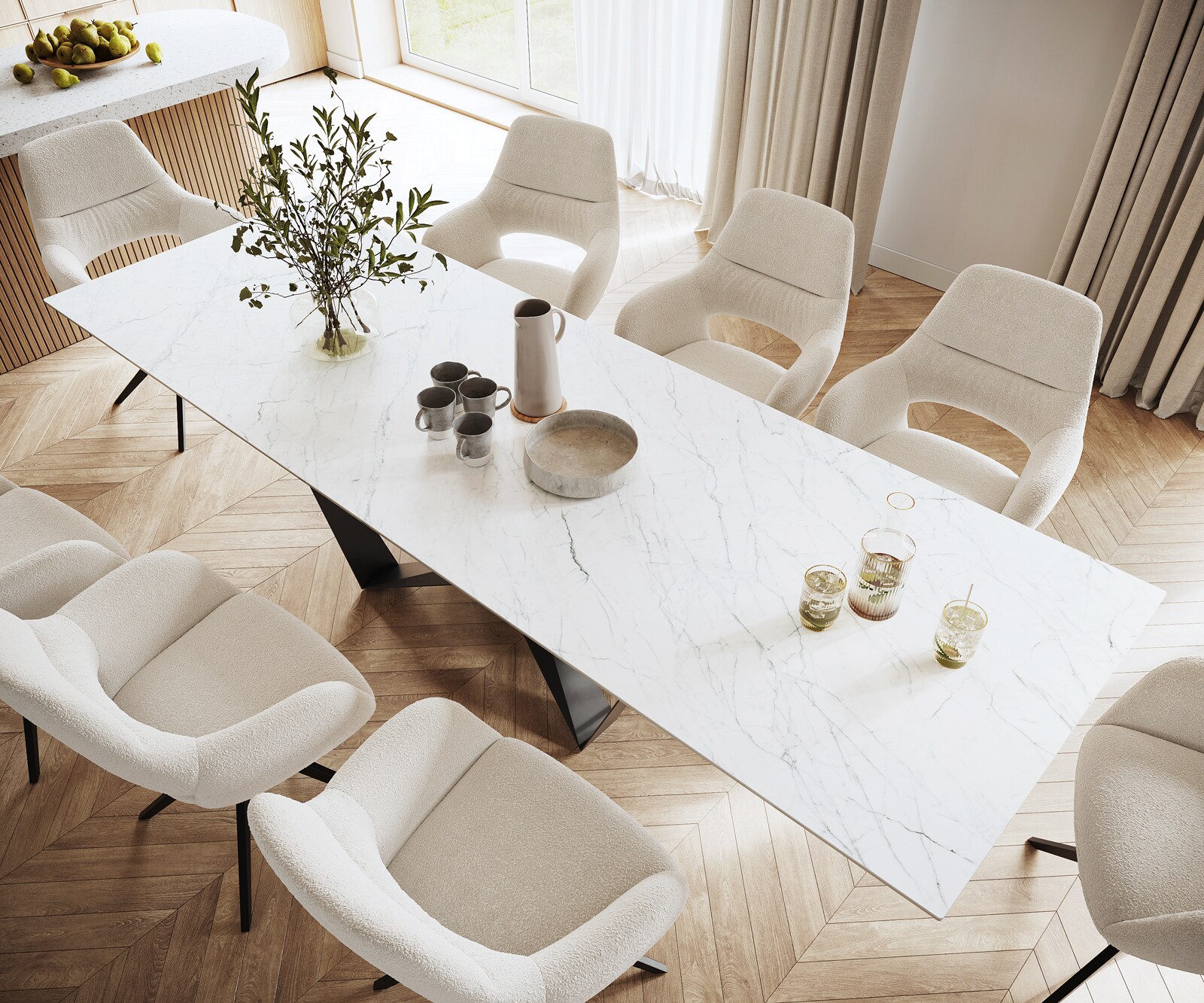 Table-à-manger Edge 300x100cm Laminam® céramique blanc pieds milieu acier plat noir 3