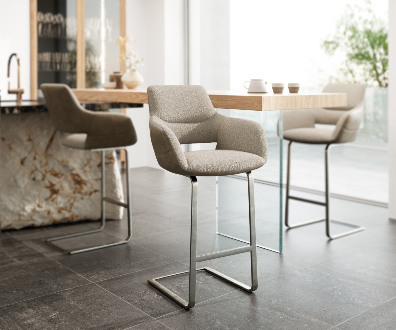 Chaise-de-bar Yago-Flex mélange de matériaux microfibre boue / bouclé boue cadre luge plat acier inoxydable Ressorts ensachés