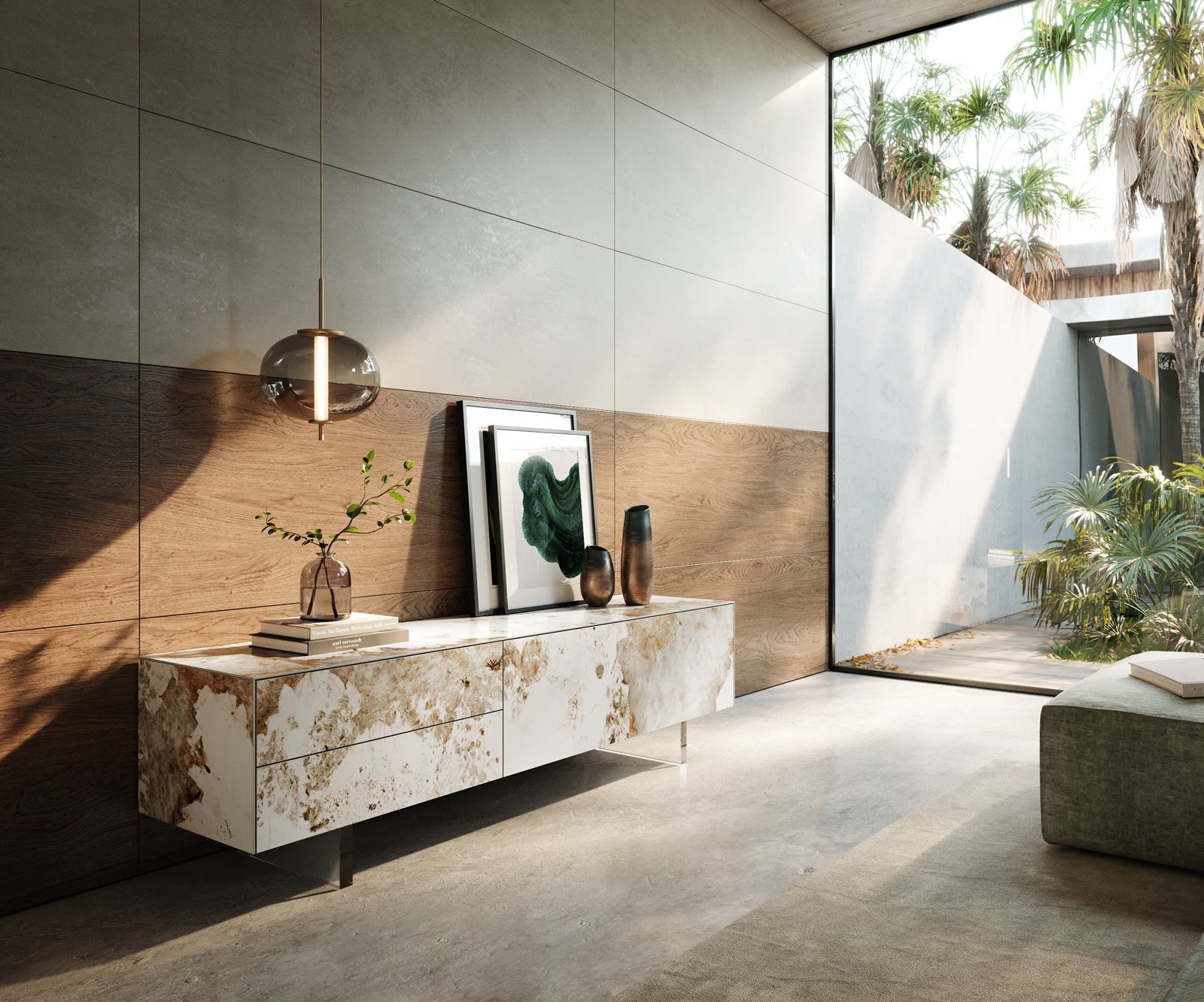 Meuble-TV Cuor 180 cm Céramique Minas Melange Blanc-beige 1 Clapet 2 Tiroirs Pied optique flottant Verre acrylique Meuble-TV Cuor 180 cm Céramique Minas Melange Blanc-beige 1 Clapet 2 Tiroirs Pied optique flottant Verre acrylique