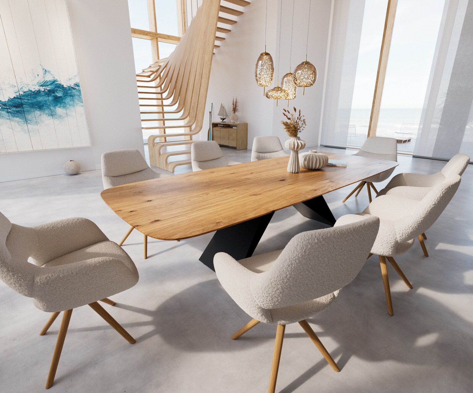 Table à manger Edge Boot 300x120x3-3,2 chêne nature cadre en V acier plat noir bord suisse 6