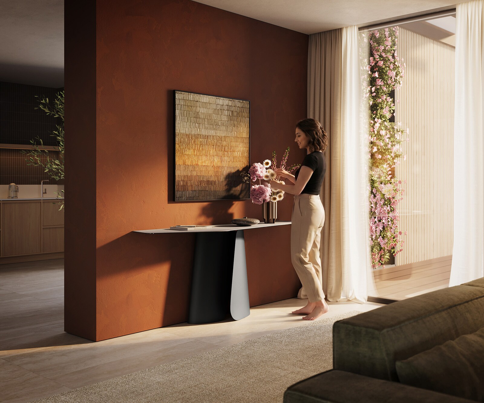 Console Edge Polygonal 180x50 cm Céramique Laminam® Travertino Bianco Creme-Weiß Livos Métal Noir 7