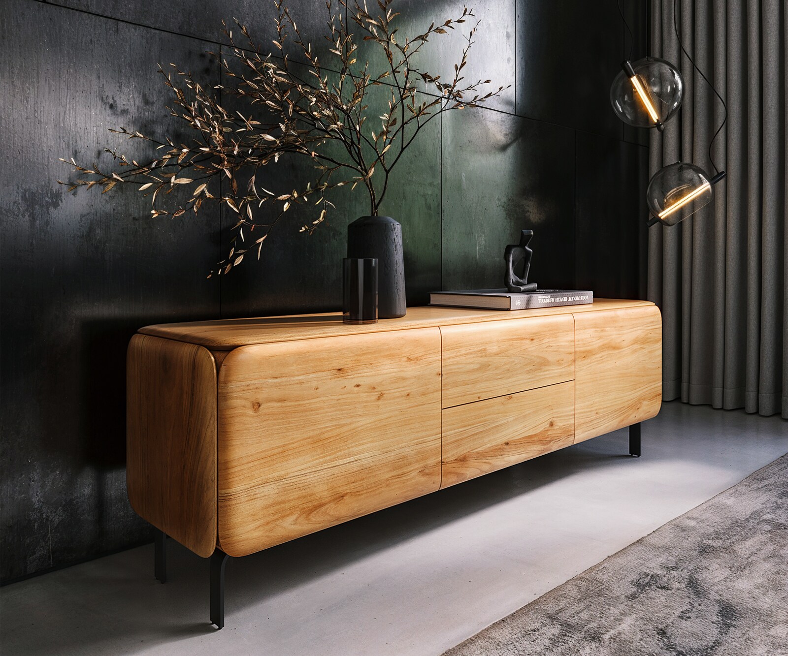 Meuble-TV Shavani 175 cm, acacia naturel, 2 portes, 2 tiroirs, pieds en L, métal noir
