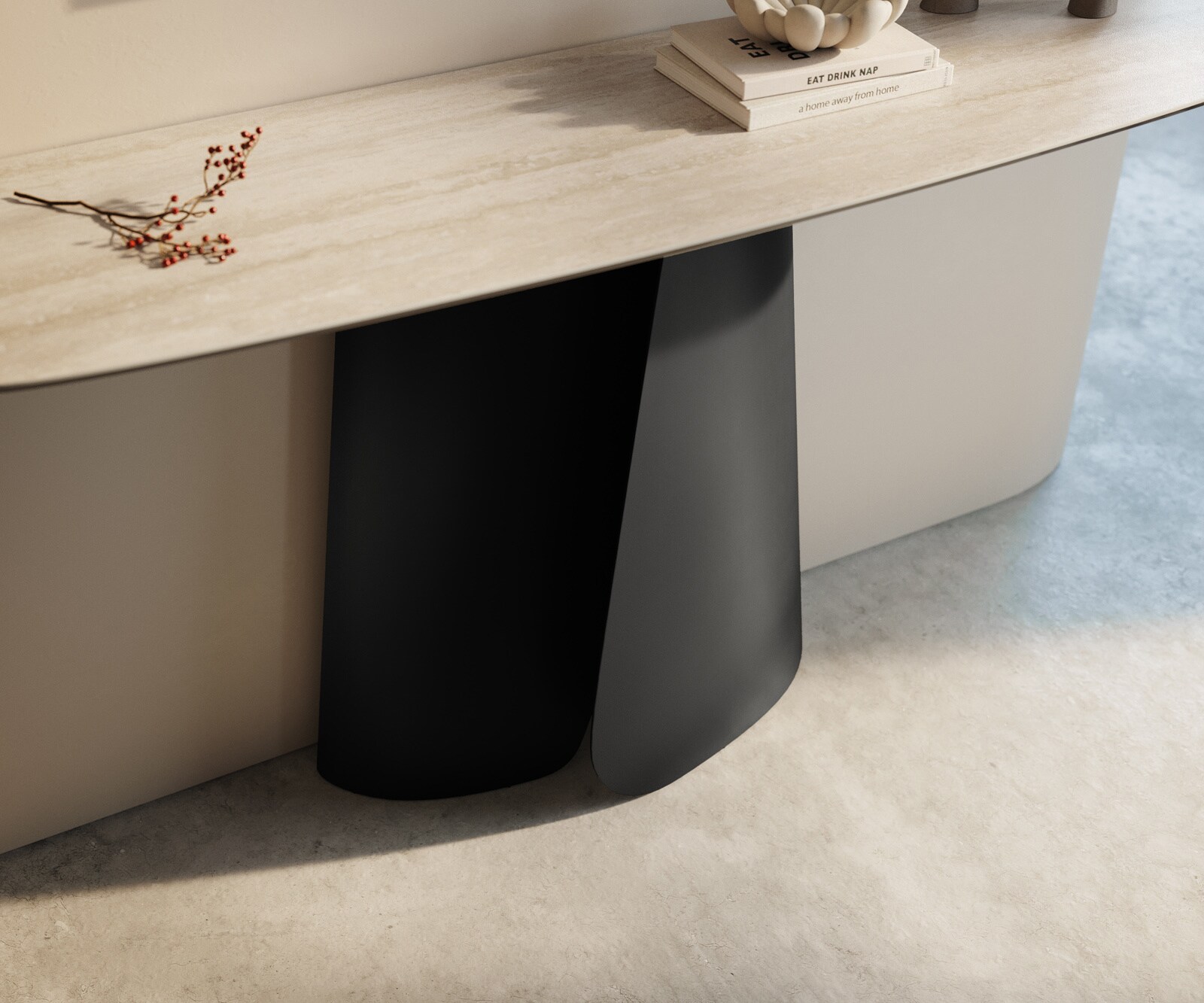 Console Edge forme bateau 140x40 cm Céramique Laminam® Travertino Bianco Creme-Weiß Livos Métal Noir 6