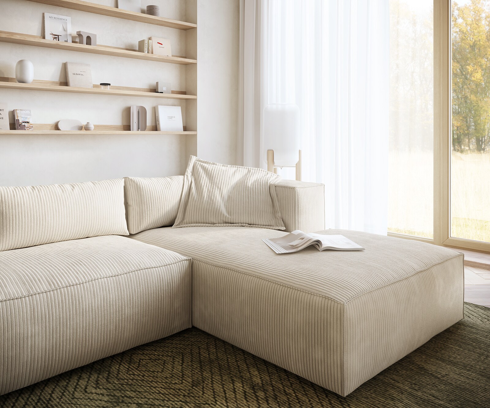 Canapé-d'angle Brom 260 x 175 cm Velours côtelé Beige Recamière à droite 4