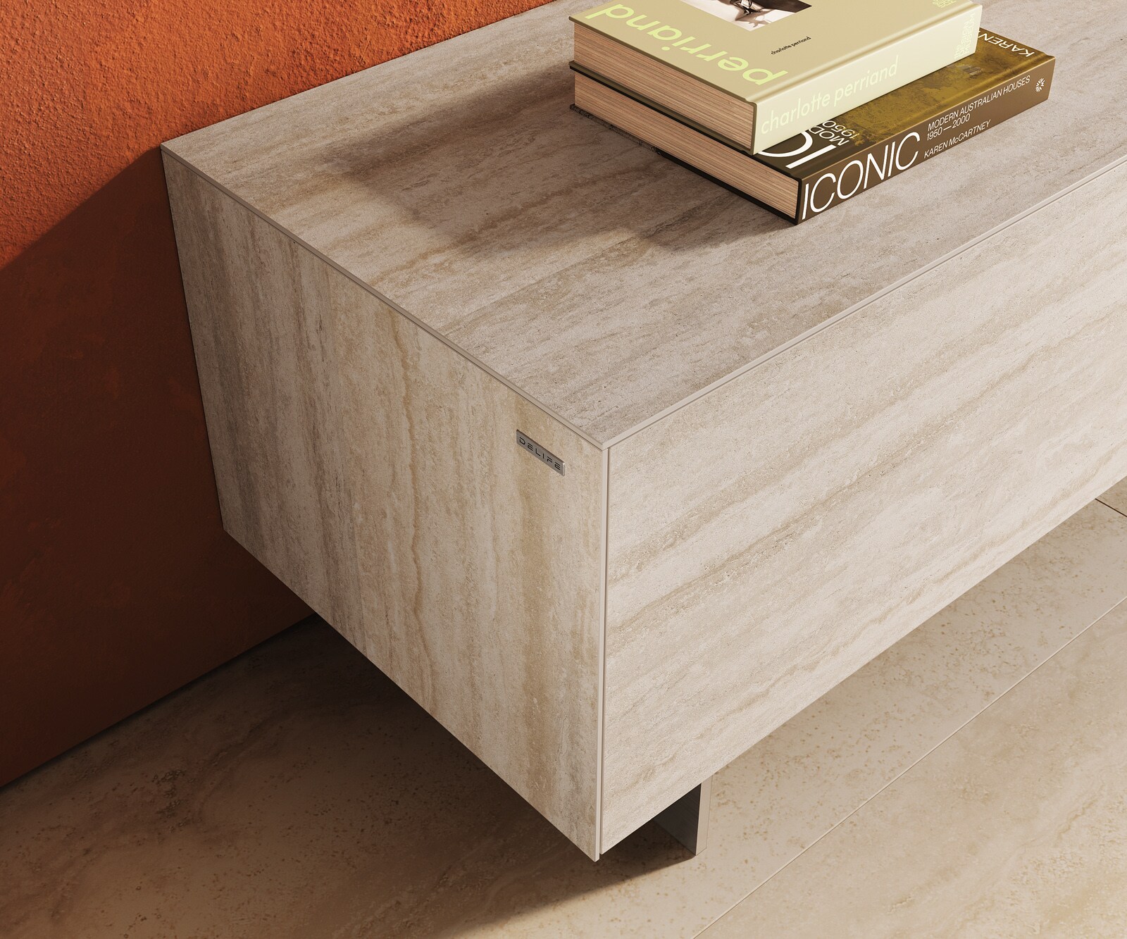 Meuble-TV Cuor 220 cm Céramique Laminam® Travertino Bianco Crème-blanc 1 Clapet 2 Tiroirs Pied optique flottant Ancier inoxydable 6