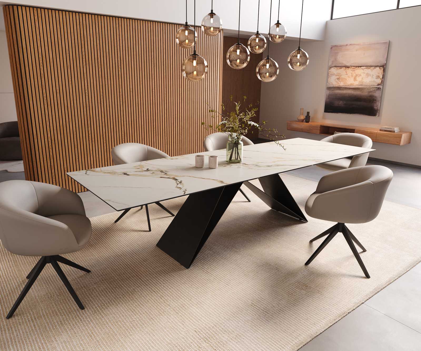 Table à manger Edge 300x100 céramique Calacatta Luxe blanc-doré-gris cadre en V acier plat noir 8