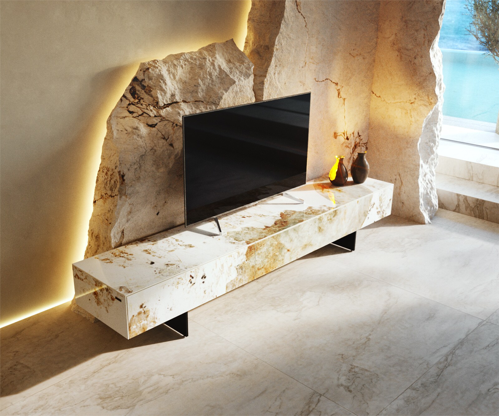Meuble-TV Cuor 200 cm Céramique Minas Melange Blanc-beige 1 Clapet 1 Tiroir Pied optique flottant Métal Noir 3