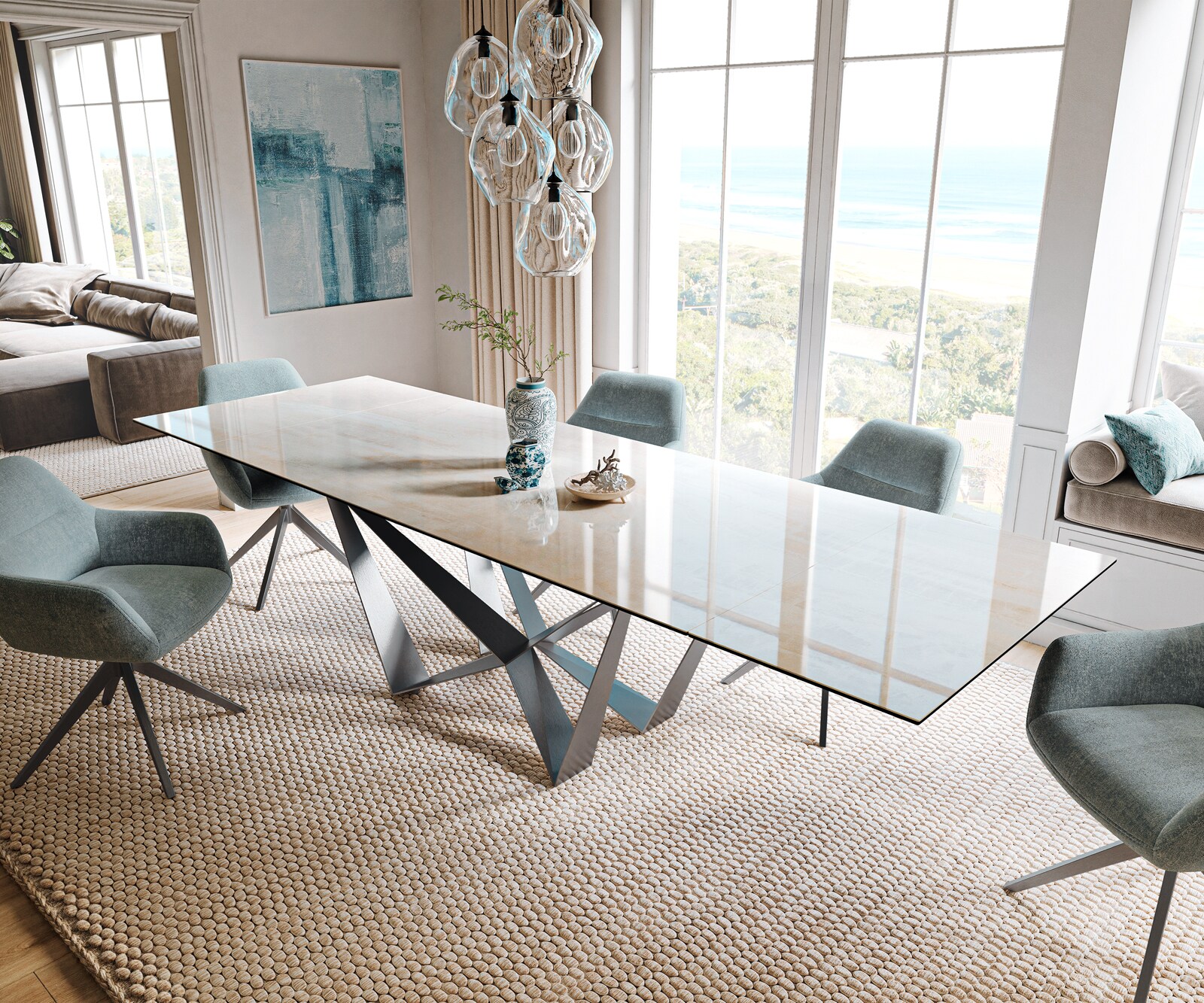 Table à manger extensible Edge 200-300x100 cm céramique Onyx Champagne Spider acier plat inox graphite 1