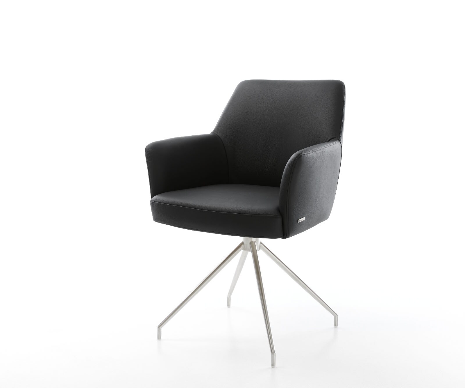 Chaise-pivotante Xana-Flex avec accoudoirs cuir de vache noir pied croisé conique acier inoxydable brossé pivotement sur 180° ressorts ensachés
