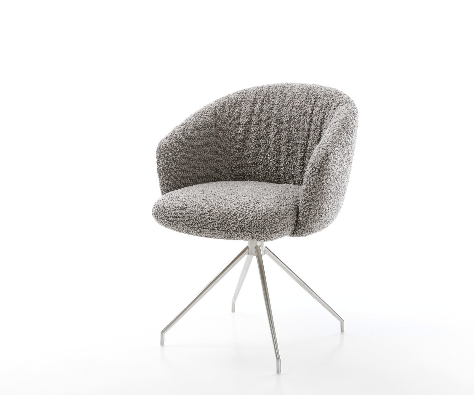 Chaise-pivotante Caja-Flex avec accoudoirs bouclé gris argenté pied croisé conique acier inoxydable brossé pivotement sur 180° ressorts ensachés
