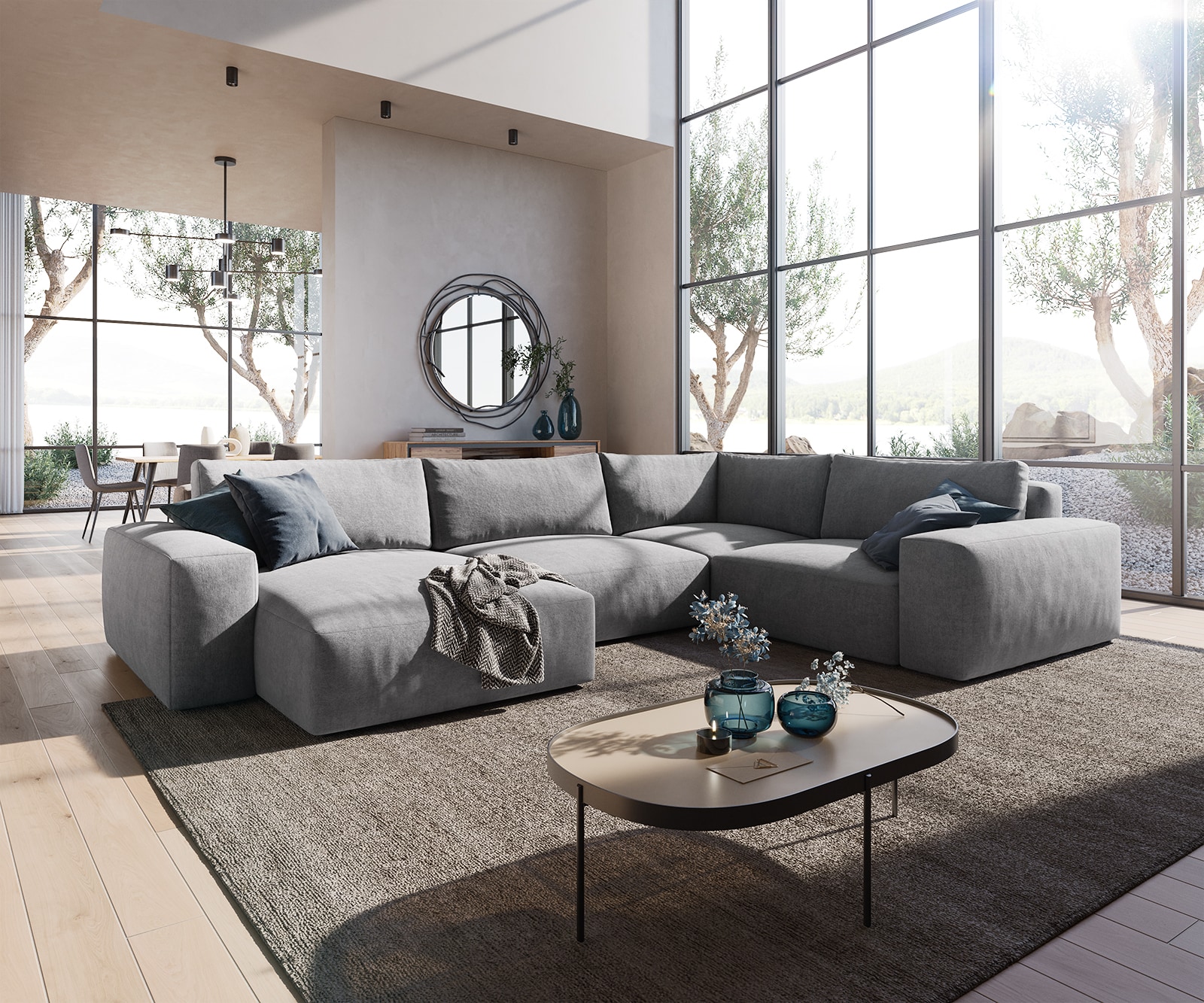 Canapé panoramique Lanzo XL 360x260 cm Microfibre Gris Recamière variable Canapé panoramique Lanzo XL 360x260 cm Microfibre Gris Recamière variable