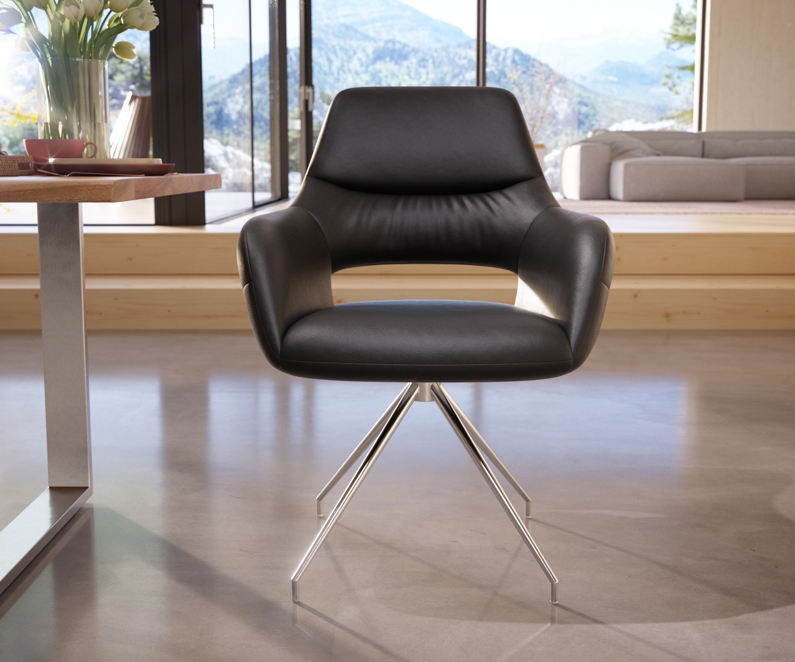 Chaise-de-salle-à-manger Yago-Flex avec accoudoirs cuir de vache noir pied croisé conique acier inoxydable brossé ressorts ensachés 1 Chaise-de-salle-à-manger Yago-Flex avec accoudoirs cuir de vache noir pied croisé conique acier inoxydable brossé ressorts ensachés 1