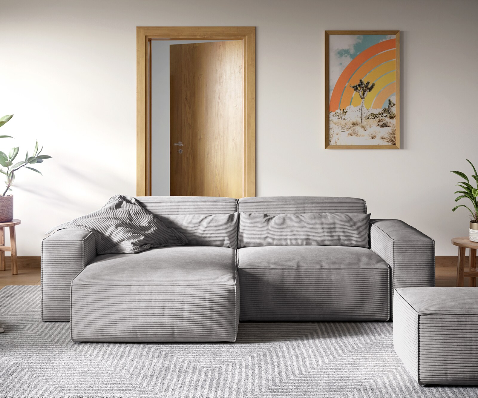 Canapé d'angle Sirpio XL 270x170 cm Velours côtelé Gris argenté Recamiere variable avec Tabouret 1
