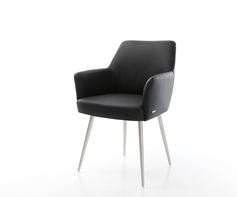 Chaise-de-salle-à-manger Xana-Flex avec accoudoirs cuir de vache noir 4 pieds coniques acier inoxydable brossé ressorts ensachés