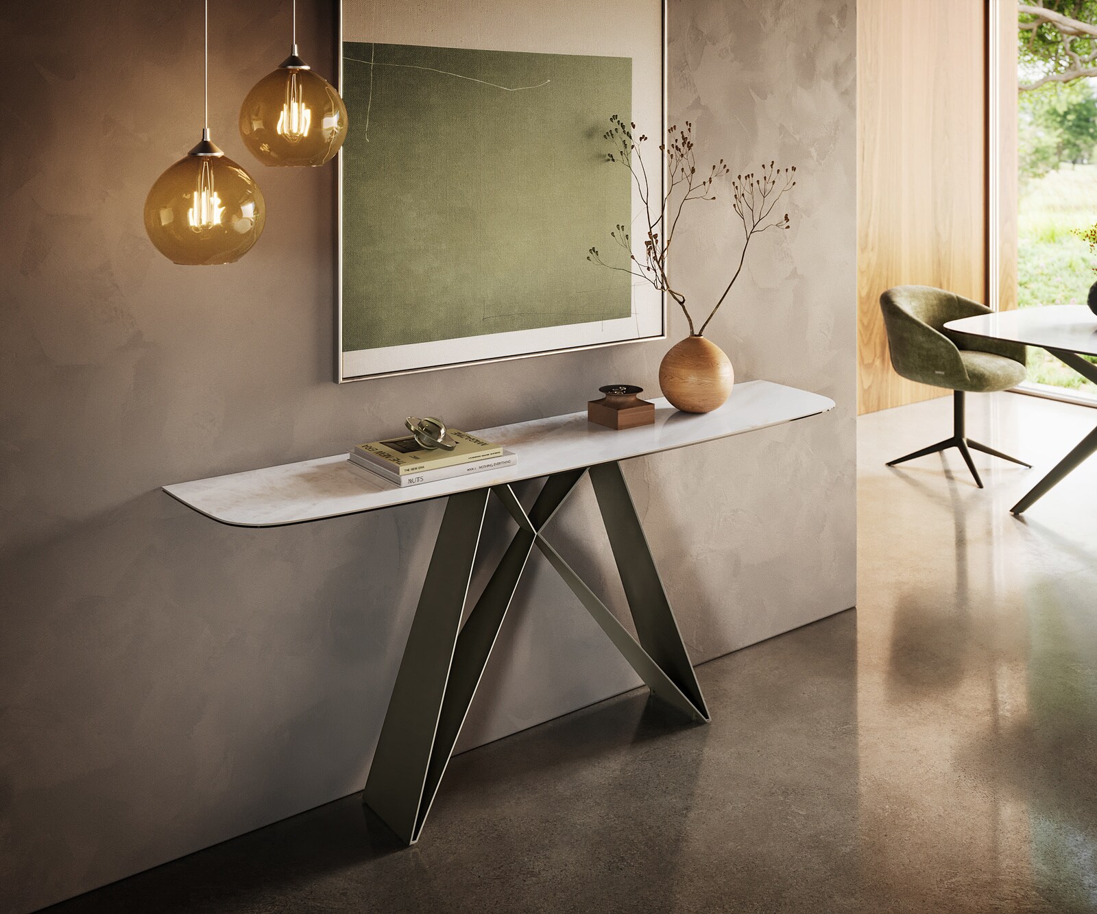 Console Edge forme bateau 180x40 cm Céramique Onyx Pearl Velio Métal Effektfinish Titan 4