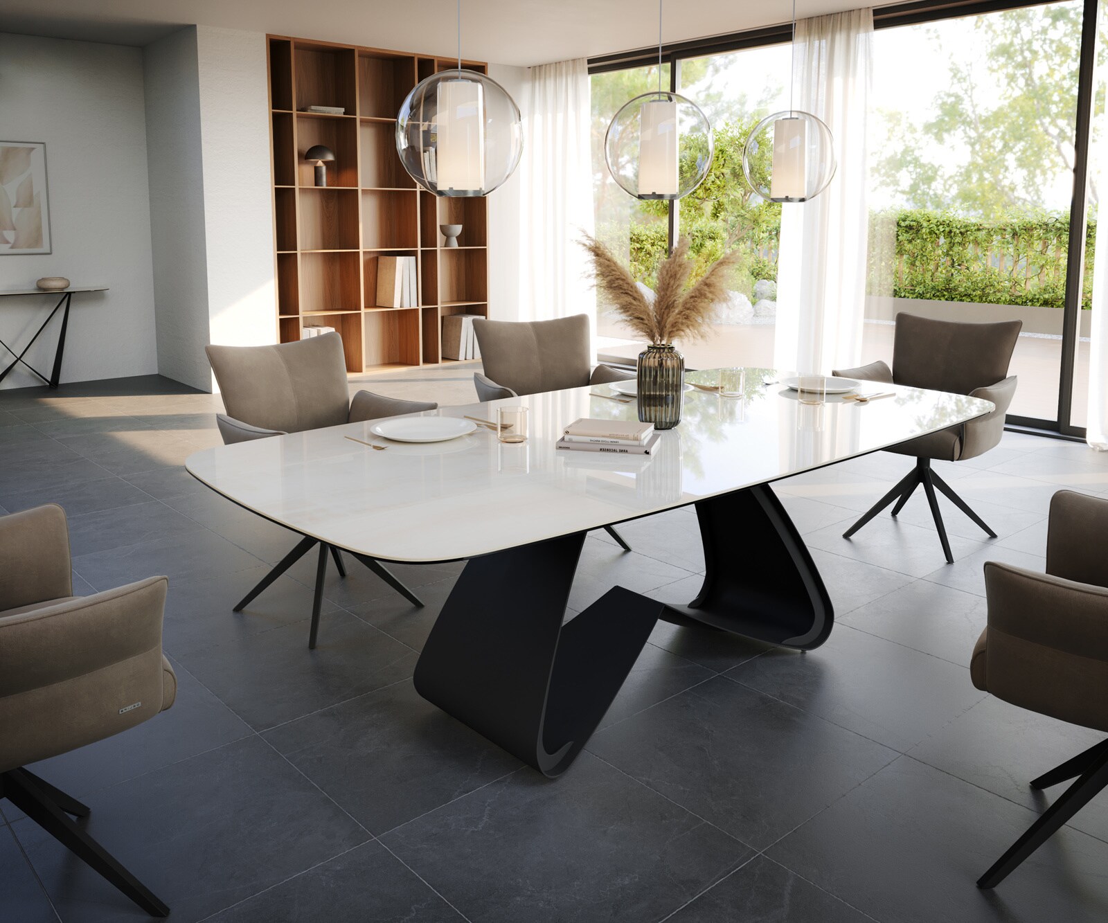 Table à manger Edge Boot 240x120 cm Céramique Onyx Champagne piètement en W Métal Noir 1
