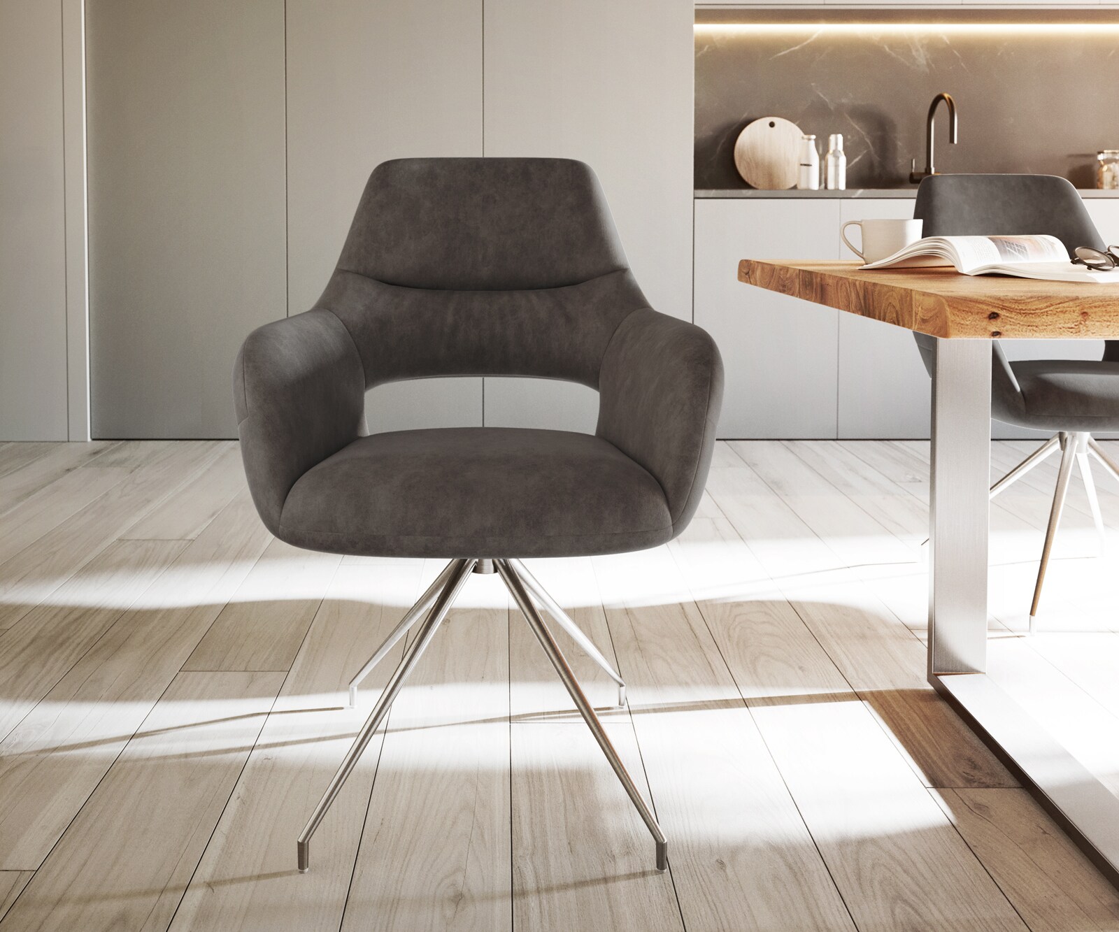 Chaise-de-salle-à-manger Yago-Flex avec accoudoirs microvelours anthracite vintage pied croisé conique acier inoxydable brossé ressorts ensachés 1 Chaise-de-salle-à-manger Yago-Flex avec accoudoirs microvelours anthracite vintage pied croisé conique acier inoxydable brossé ressorts ensachés 1