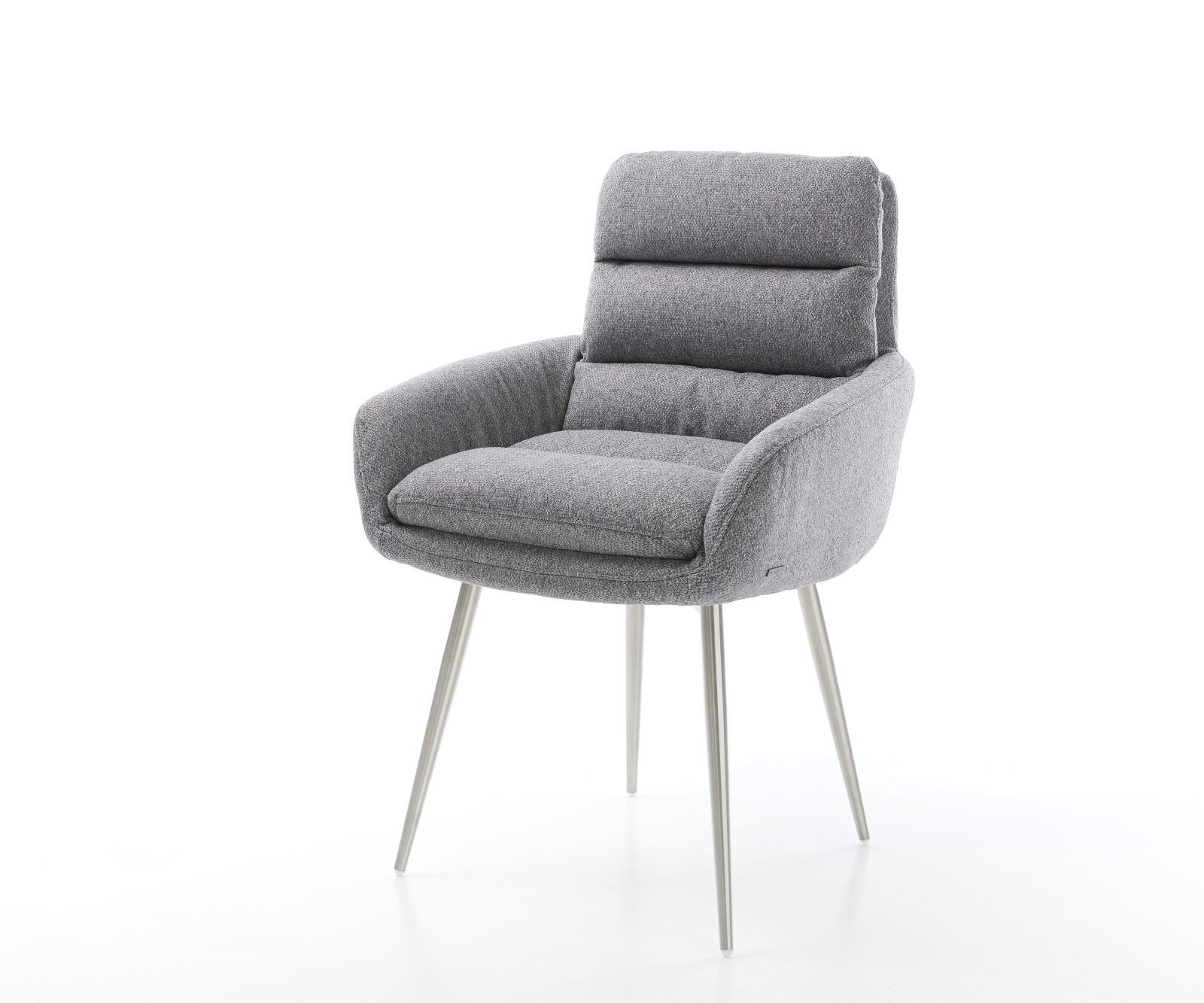 Chaise-de-salle-à-manger Abelia-Flex avec accoudoirs tissu texturé gris clair 4 pieds coniques acier inoxydable brossé