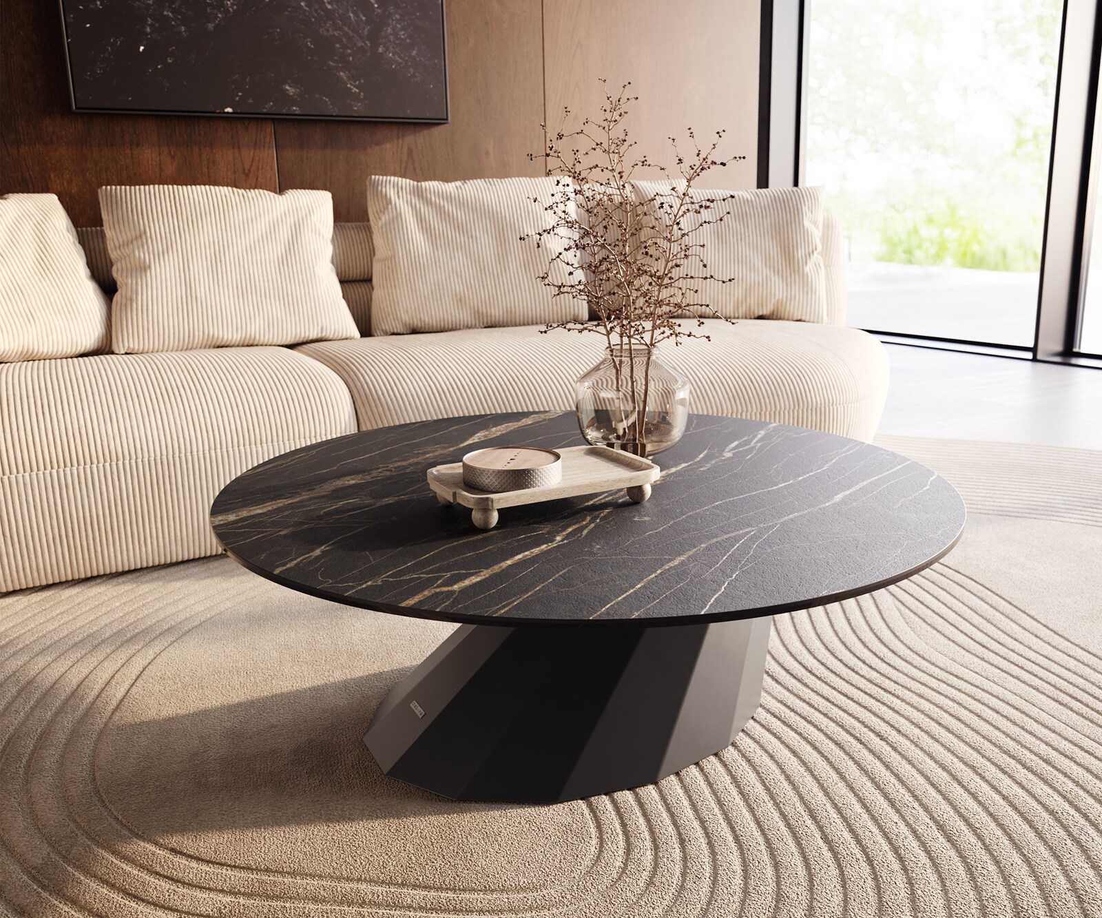 Table basse Edge rond 100x100 cm céramique Laminam® Noir Desir brun Parabi métal noir 1