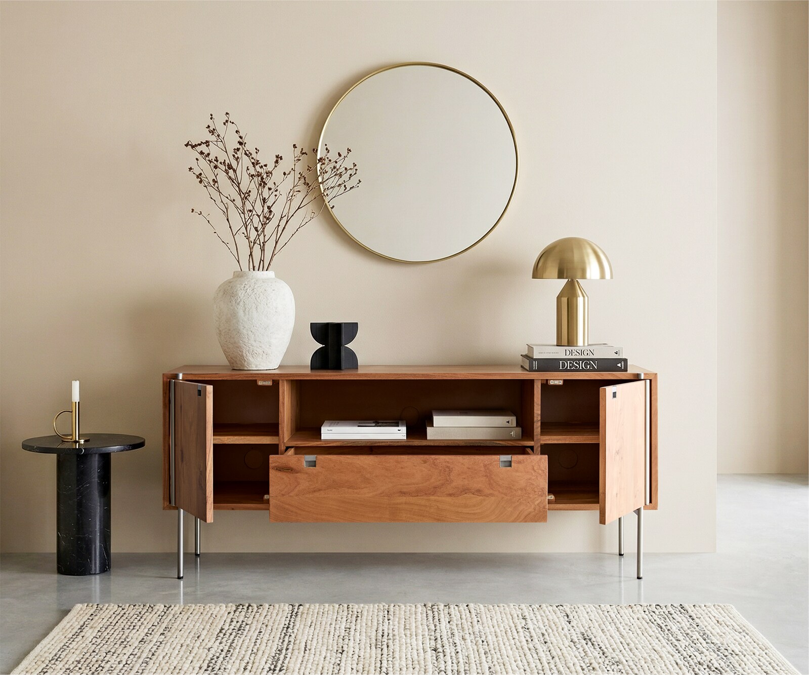 Commode Rivoro 175 cm acacia naturel 2 portes 1 tiroir 1 compartiment 1