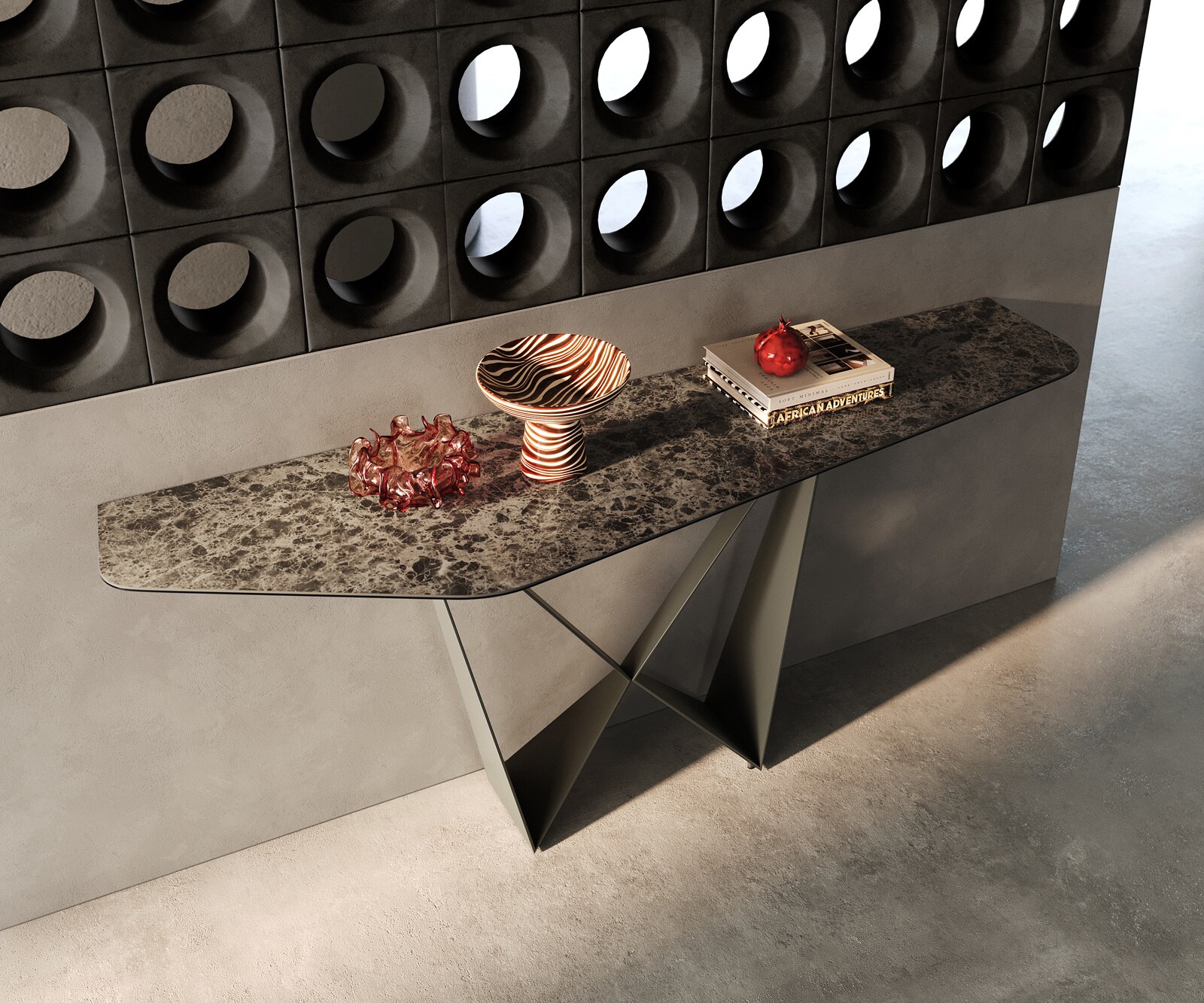 Console Edge Polygonal 180x50 cm Céramique Emperador Extra Lucidato Dunkelbraun Spios Métal Effektfinish Titan 2